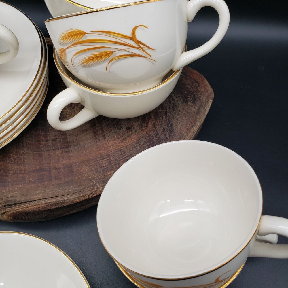 Golden Wheat 22K Gold Oven Proof Cup & Saucer Set 6 + Berry Bowl Made USA - Picture 4 of 12